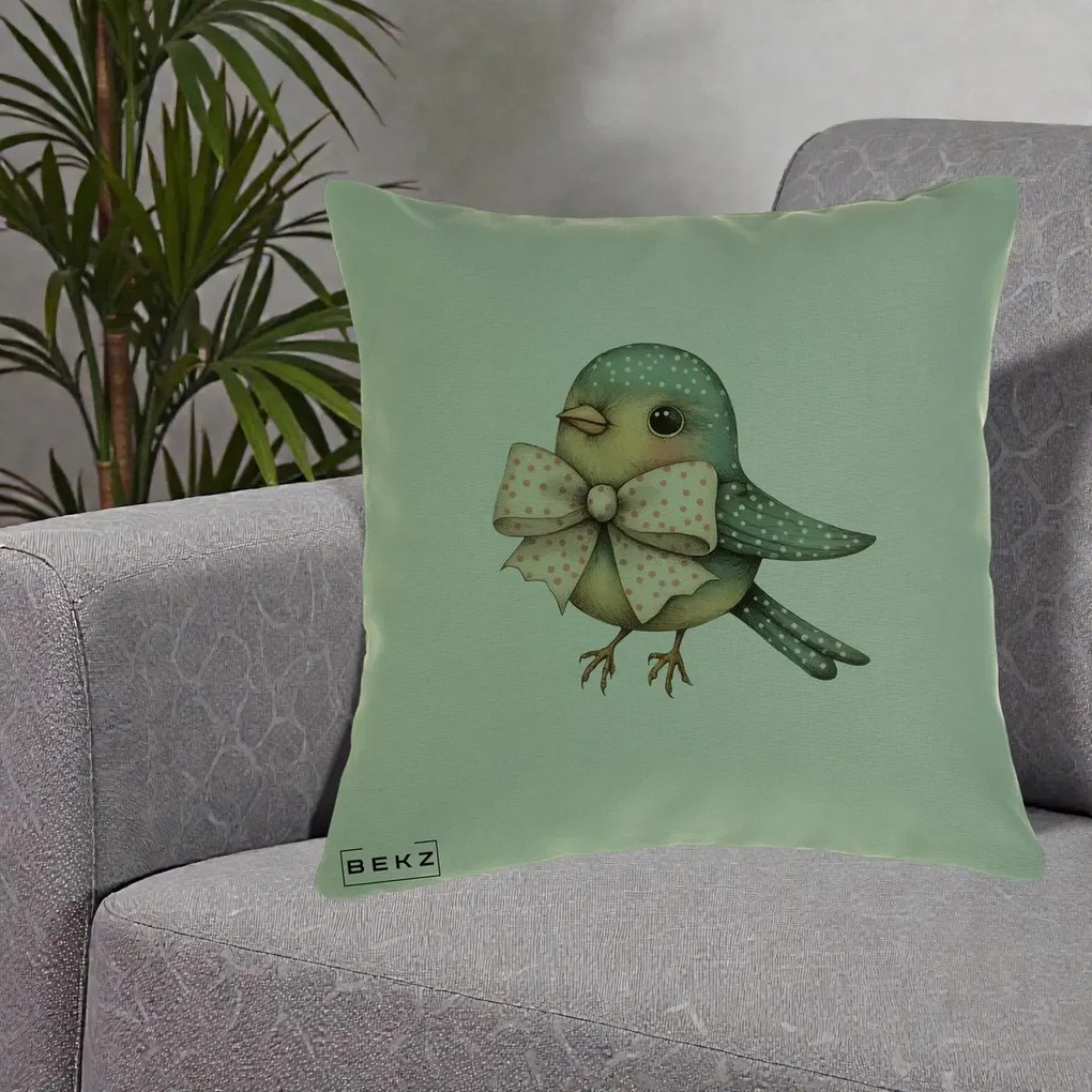 Perna Decorativa Pasare Teal cu Fundita cu Buline, 40x40 cm, Verde, Husa Detasabila, Perna Inclusa, BEKZ®