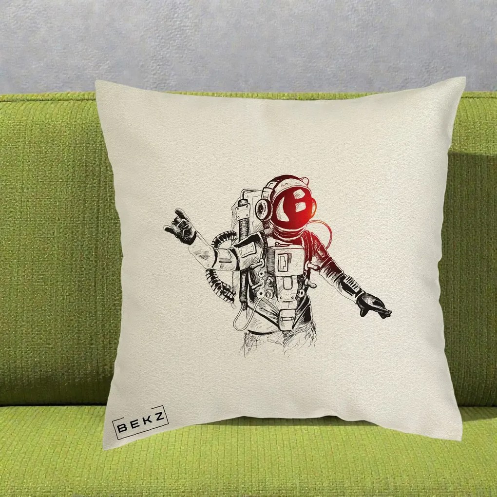 Perna Decorativa Astronaut Rock Sketching, 40x40 cm, Ecru, Husa Detasabila, Perna Inclusa, BEKZ®