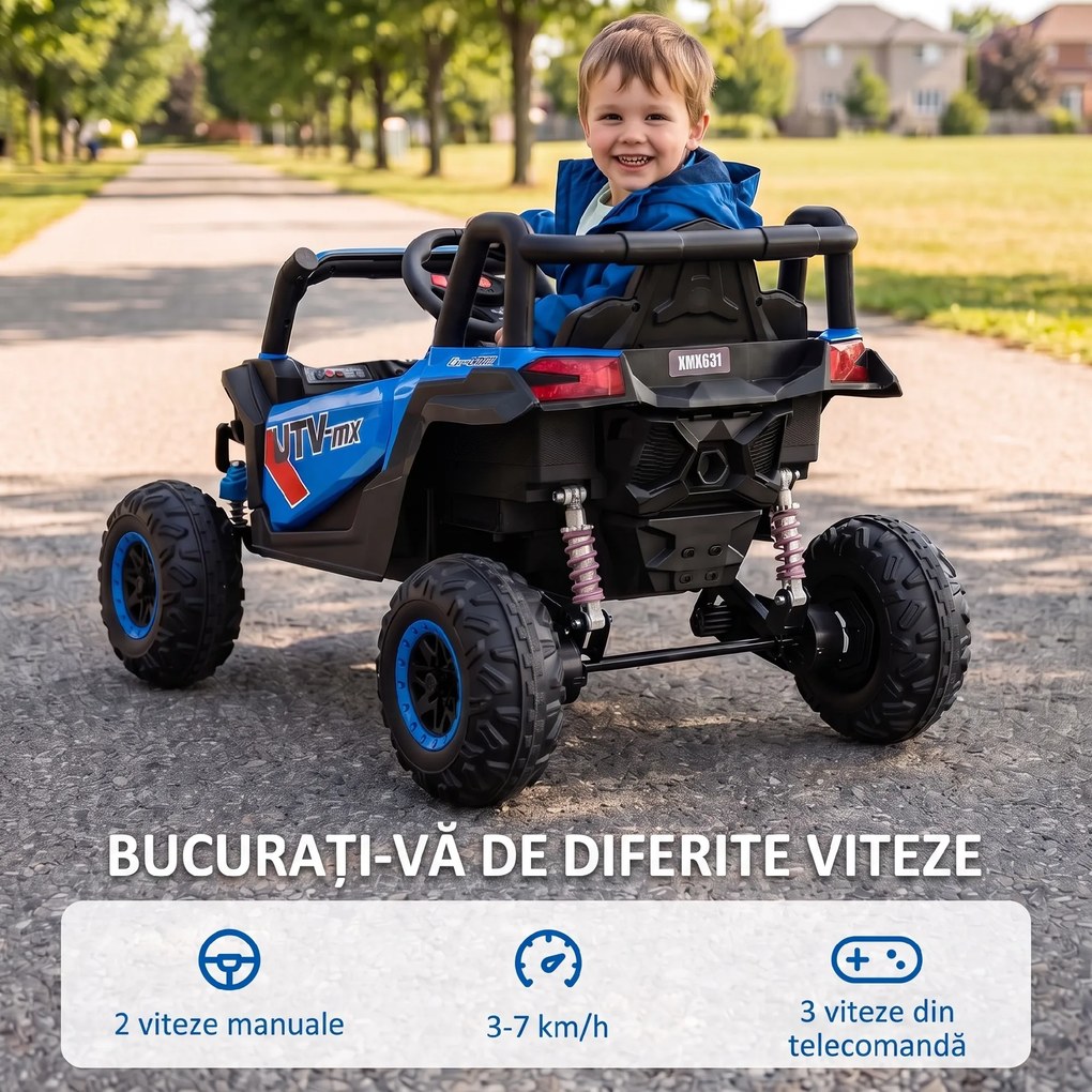 AIYAPLAY Mașină Electrică UTV pentru Copii 12V cu Centură, Telecomandă, Suspensii, USB, 3-7 km/h, 3-5 Ani, Albastru | Aosom Romania