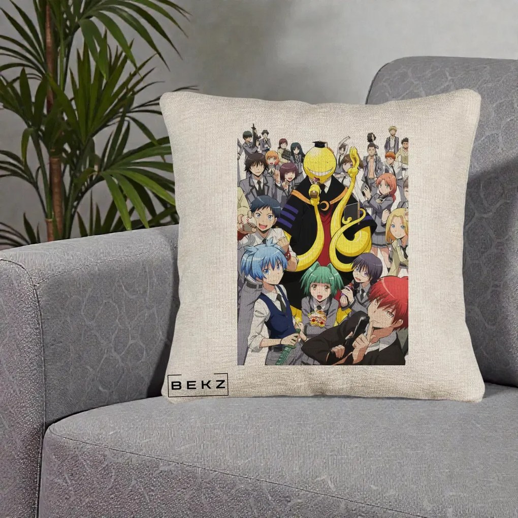 Perna Personalizata Assassination Classroom Grup Complet Anime, 40x40 cm, Bej Canapea, Husa Detasabila, Perna Inclusa, BEKZ®