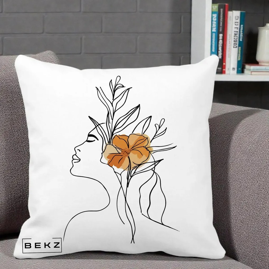 Perna Decorativa Portret Feminin Floare Portocalie Lateral, 40x40 cm, Alba Mata, Husa Detasabila, Perna Inclusa, BEKZ®