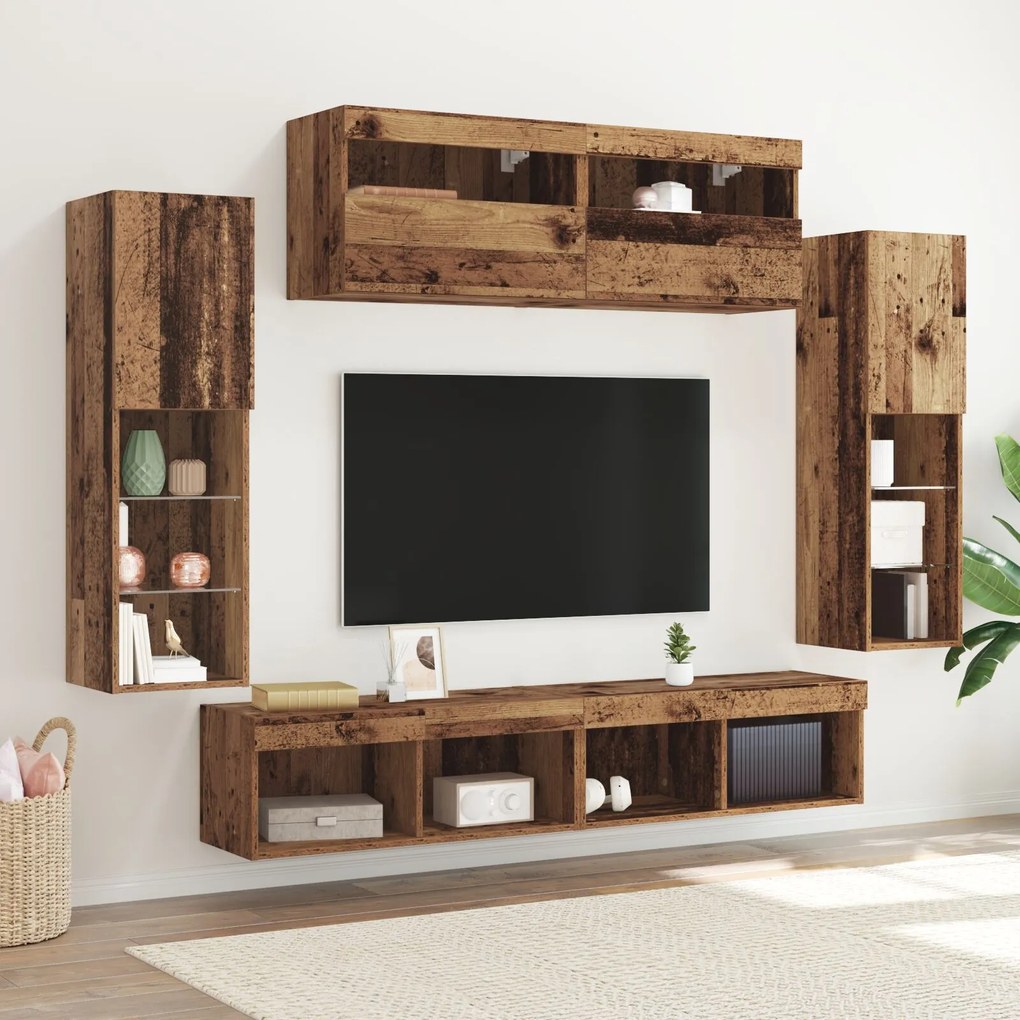 vidaXL Set de 8 Unități TV de Perete cu LED Lemn Vechi din Lemn Prelucrat