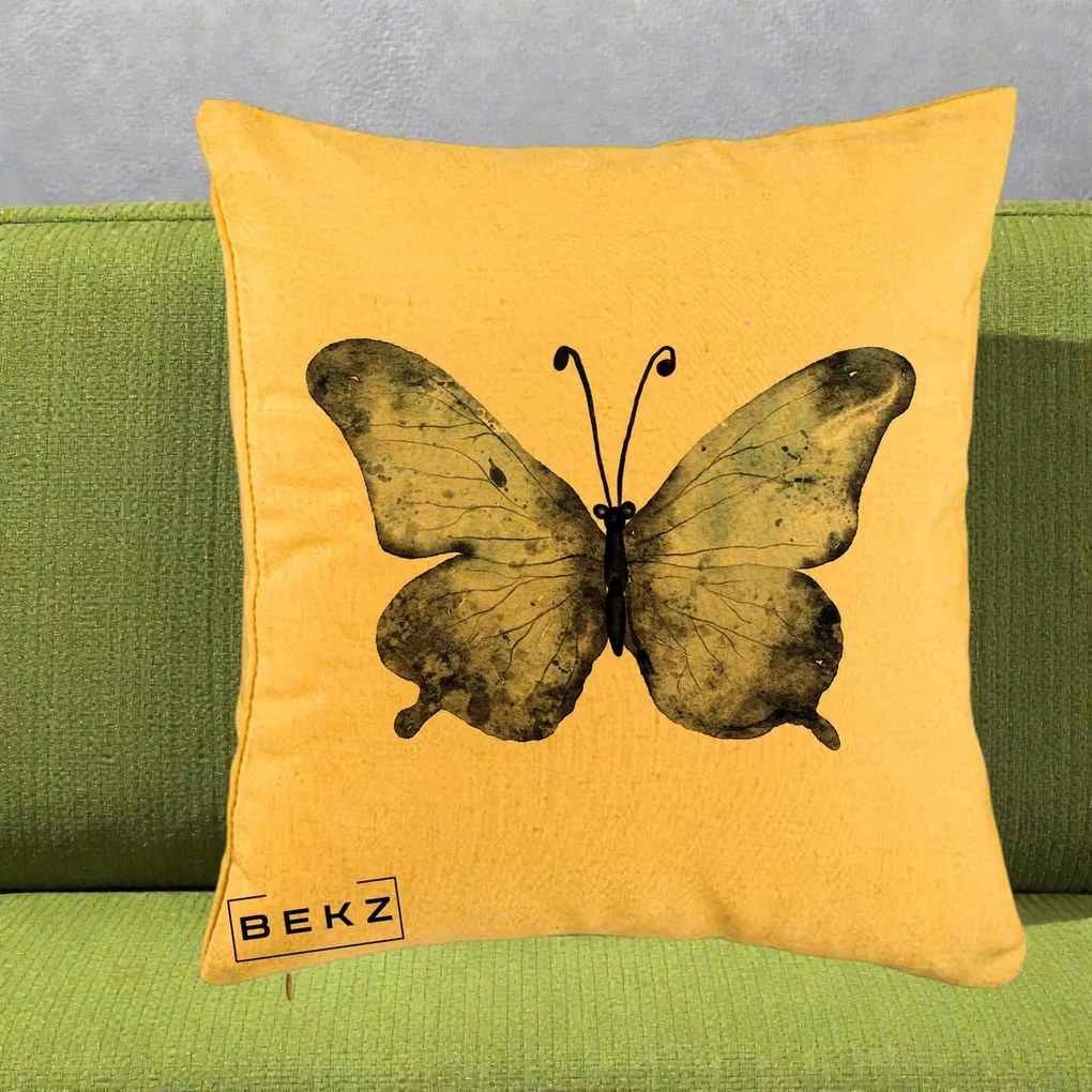 Perna Decorativa Fluture Acuarela Albastru-Gri, 40x40 cm, Galben, Husa Detasabila, Perna Inclusa, BEKZ®