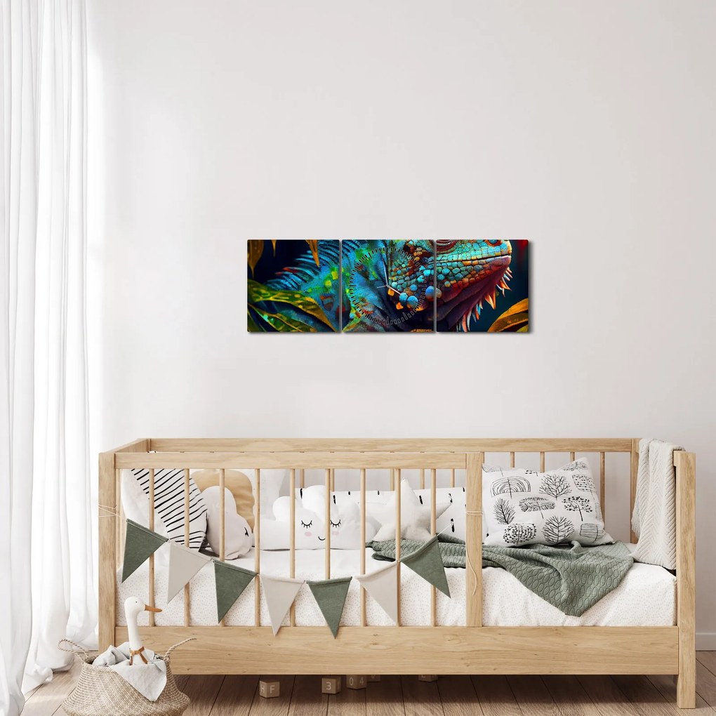 Tablou - Iguana colorată (cu ceas) (90x30 cm)