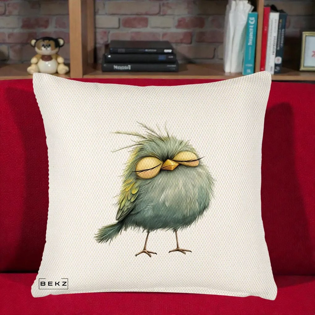 Perna Decorativa Pasare Teal Adormita cu Ochi Galbeni, 40x40 cm, Crem Reliefat, Husa Detasabila, Perna Inclusa, BEKZ®