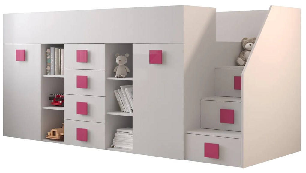 Pat multifuncțional 90 cm Toreno 3 (Alb + alb lucios + mânere roz lucios) (D). 1083334