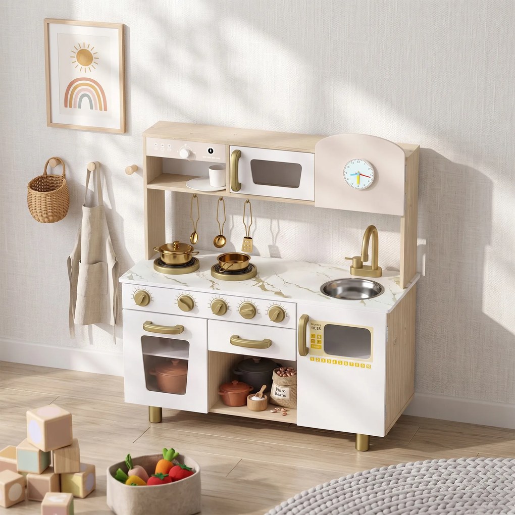 AIYAPLAY Bucătărie de Jucărie pentru Copii cu Plită, Robinet și Accesorii, MDF și Oțel Inoxidabil, 74 x 29 x 81 Cm, Alb | Aosom Romania