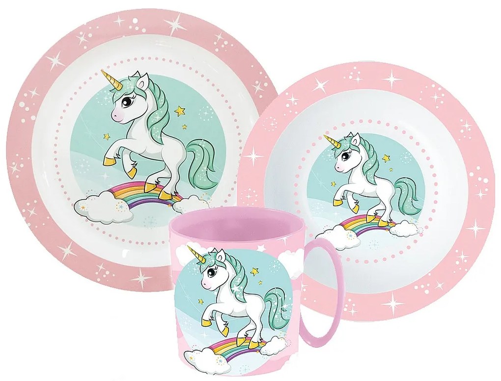 Unicorn Range set de veselă, set micro din plastic cu cană 350 ml