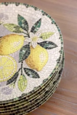 Tavă pentru servire din ceramică cu model mozaic și motiv lămâi, H2,5/D21 cm, melon & verde, „Chartres”