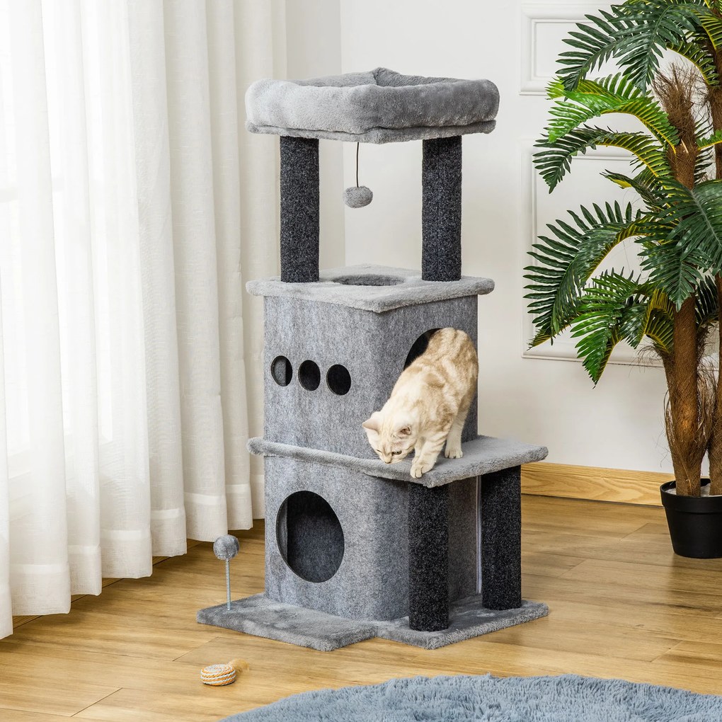 PawHut Arborișoare pentru pisici design cozy-chic multi-echipate centrul de activități cu zone, platforme, pat, joc cu bile, fețre detașabile și lavabile, plăci de particule, pluș scurt 48 x 48 x 100 cm gri | Aosom Romania