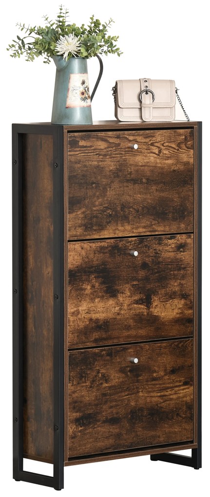 Mobilier Suport de Pantofi Economisire Spatiu Stil Industrial pentru 12 Perechi, Lemn si Metal, 60x24x115cm Maro si Negru HOMCOM | Aosom RO