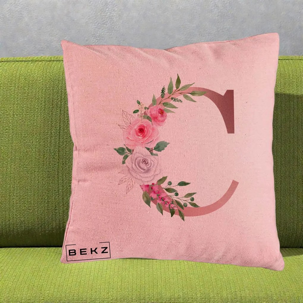 Cadou Personalizat - Perna Personalizata Monograma Rose Gold Litera C, 40x40 cm, Roz, Husa Detasabila, Perna Inclusa, BEKZ®