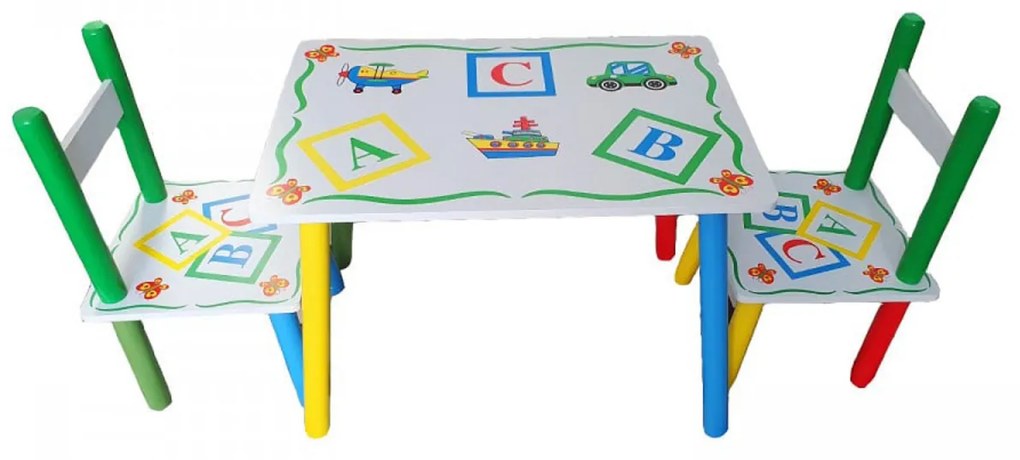 Masuta copii din MDF cu doua scaune Novokids™ My first table, dimensiuni 59X39X40, suprafata lucioasa, cu litere, Alb cu Verde