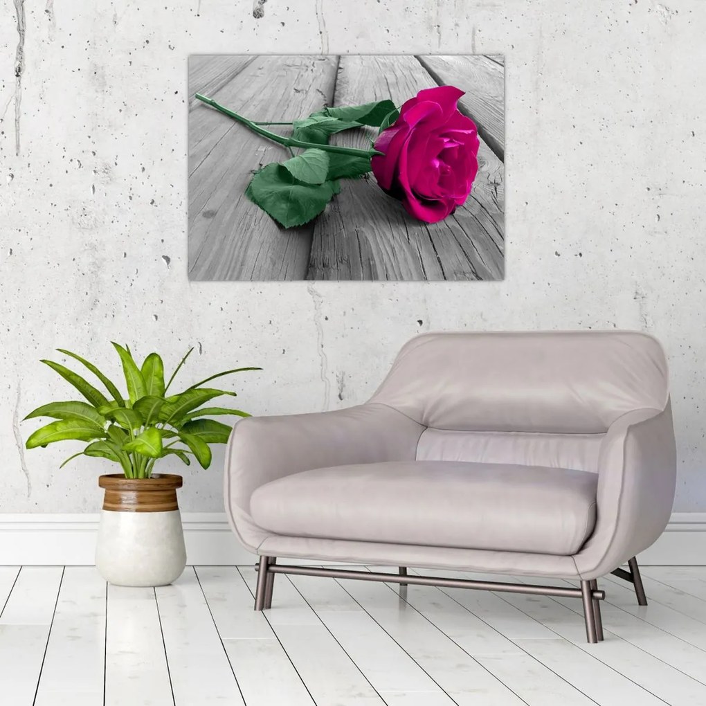 Tablou pe sticlă - Trandafir roz cu tulpina verde (70x50 cm)