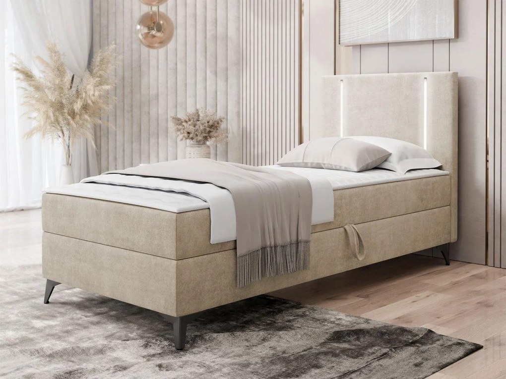 Pat de o persoană 90 cm Hebara 1 (Bej) (cu somieră și saltea) (cu sp. depozitare) (S). Promo -17%. 1103590