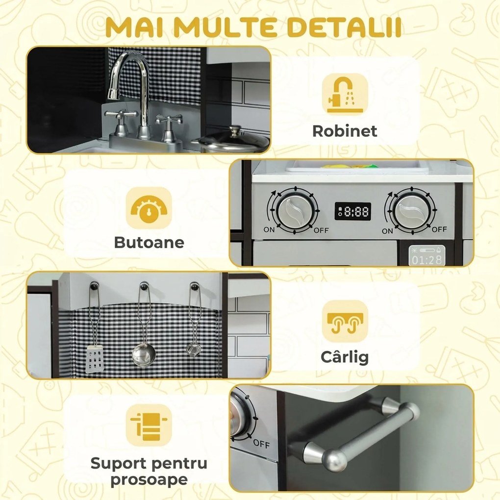 AIYAPLAY Bucătărie de Jucărie pentru Copii 3-8 Ani din Lemn cu Accesorii, Frigider, Chiuvetă și Buton cu Sunete, Maro | Aosom Romania