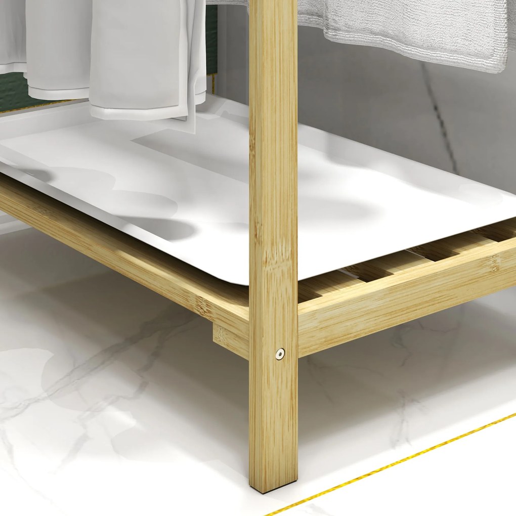 HOMCOM Suport de prosoape din bambus cu 3 bare, raft de depozitare, 4 cârlige și platou detașabil, 50,5Lx31Px90H cm natural | Aosom Romania