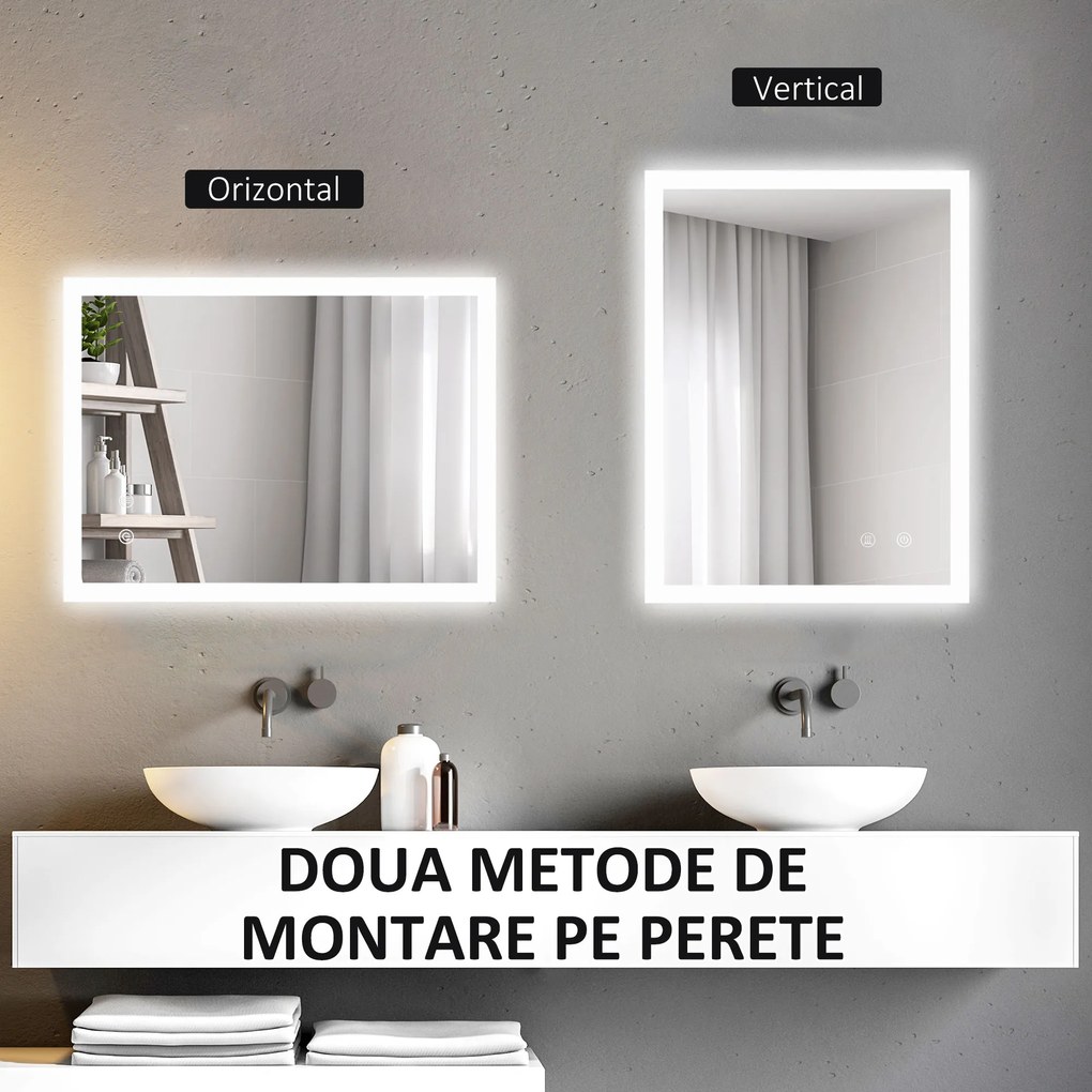 Kleankin Oglinda LED, Oglinda de Machiaj de Perete cu 3 Lumini, 800x600mm, Tactilă, Anti-Ceță, Montare Orizontală/Verticală | Aosom Romania