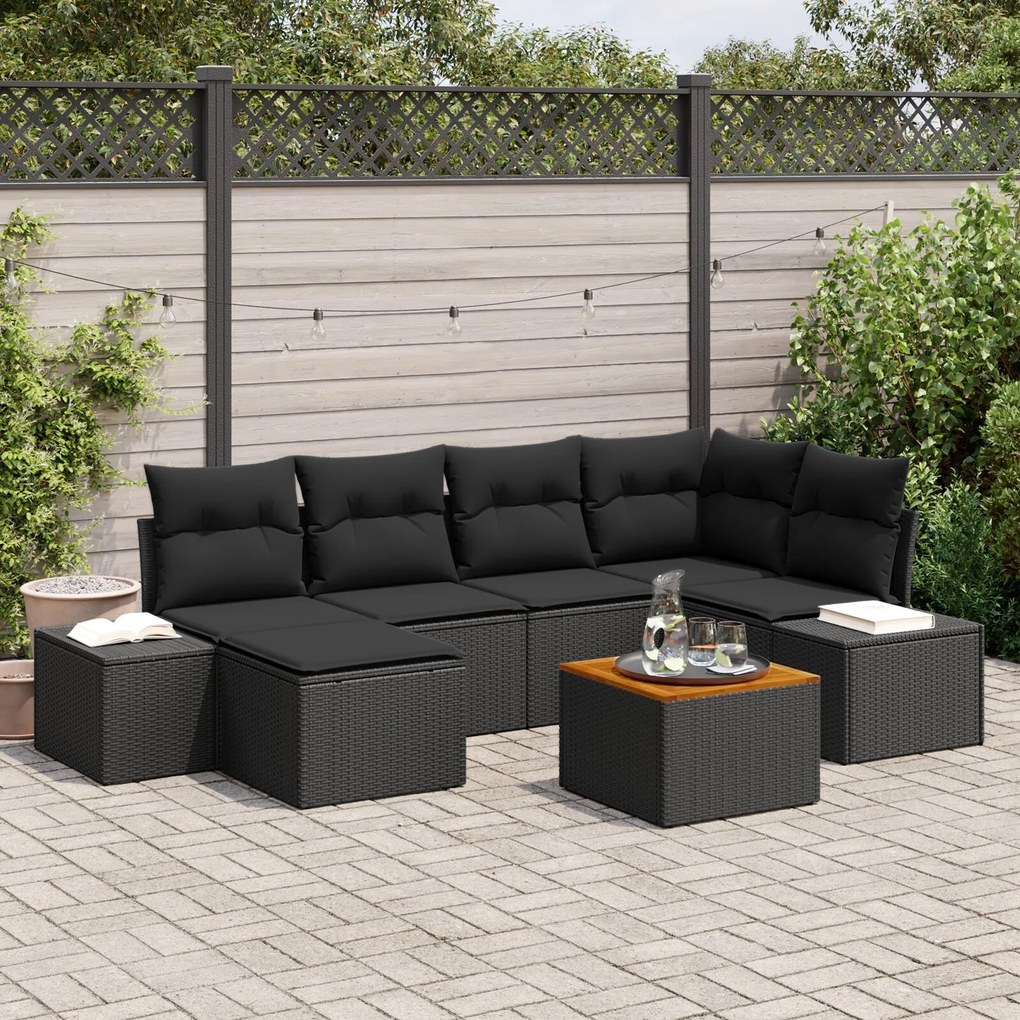 vidaXL Set de canapea de grădină din 7 piese cu perne, din rattan negru și acacia