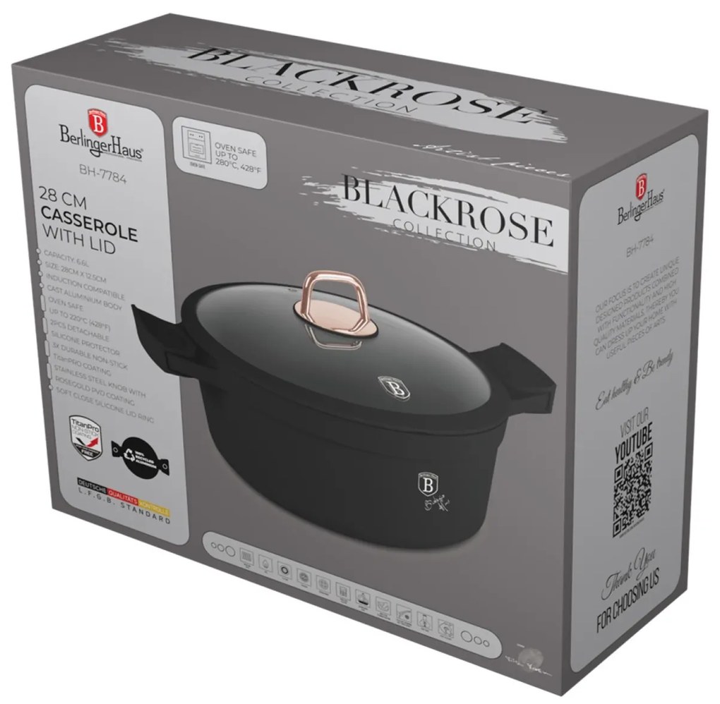 Oală cu capac și mânere de silicon detașabile 28 cm, 6.6L – Berlinger Haus Black Rose Collection BH 7784, neagră, antiaderentă cu titan, ideală