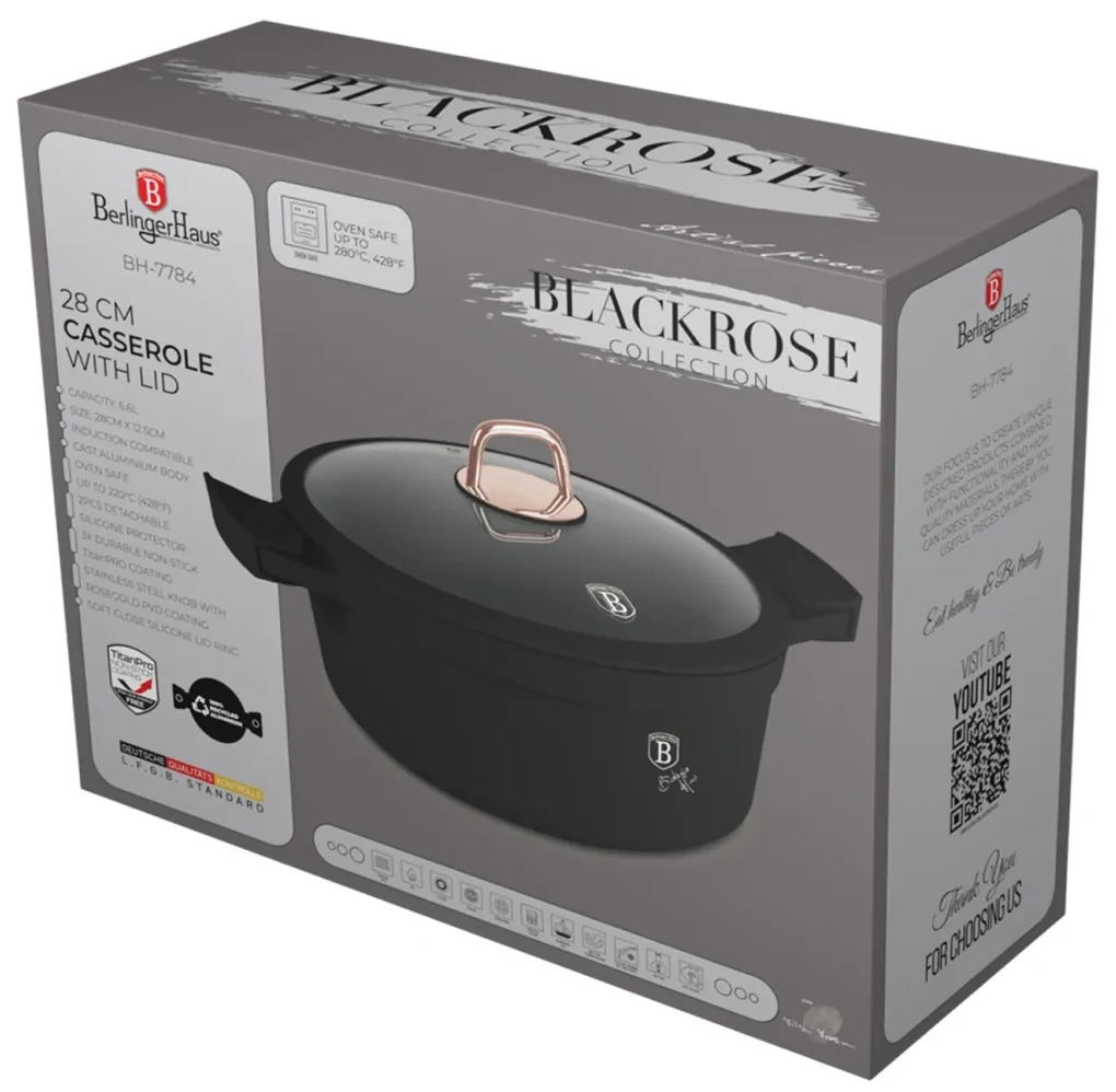 Oală cu capac și mânere de silicon detașabile 28 cm, 6.6L – Berlinger Haus Black Rose Collection BH 7784, neagră, antiaderentă cu titan, ideală
