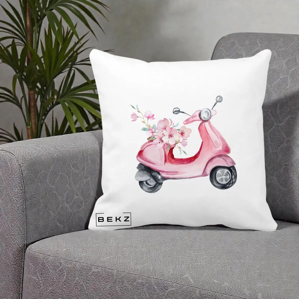 Perna Decorativa Scuter Roz cu Flori Acuarela, 40x40 cm, Alba Mata, Husa Detasabila, Perna Inclusa, BEKZ®