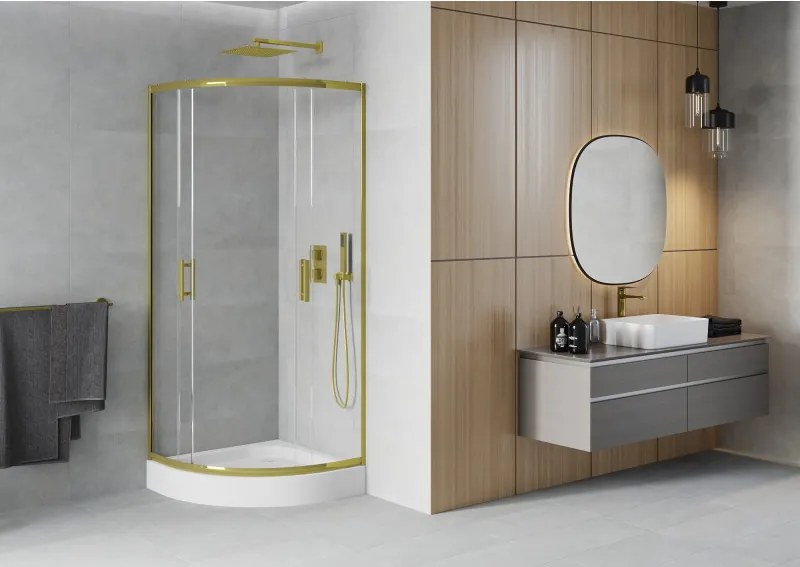 Mexen Rio cabina de duș semirotundă 80 x 80 cm, transparentă, auriu + cadă de duș, albă - 863-080-080-50-00-4710