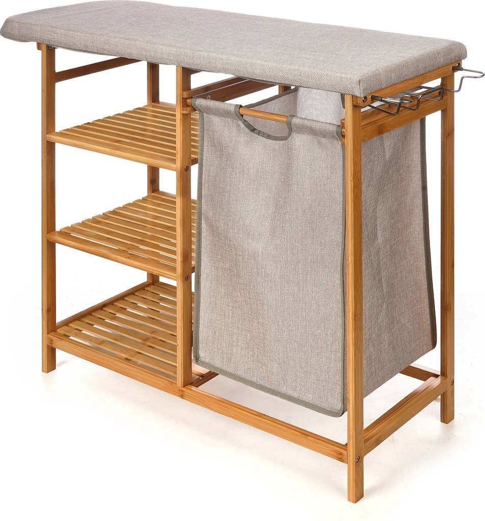 Comodă din bambus cu masă de călcat și coș de rufe BAMY, 111 x 34 x 82 cm