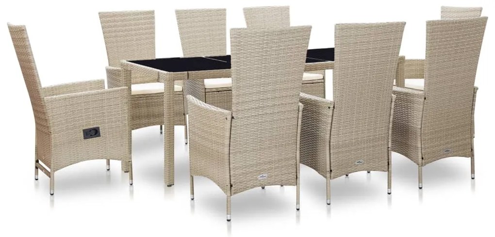 vidaXL Set mobilier de exterior cu perne, 9 piese, bej, poliratan
