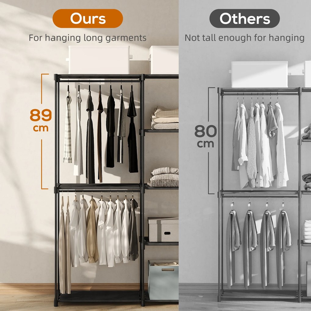 HOMCOM Dulap de Haine cu 2 Bare și 4 Rafturi, din Material Non-Țesut, Plastic și Oțel, 142x43x185 cm, Negru | Aosom Romania