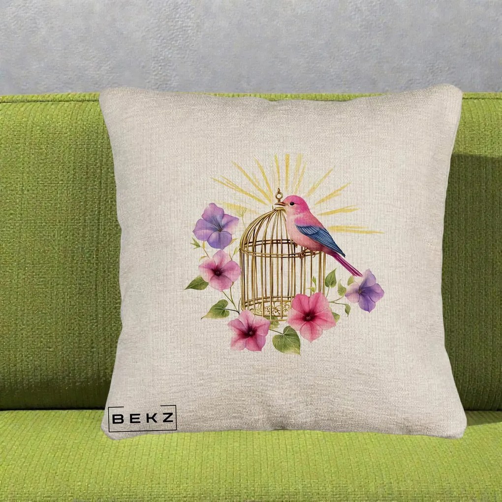 Perna Decorativa Pasare Roz pe Colivie Aurie cu Flori, 40x40 cm, Bej Canapea, Husa Detasabila, Perna Inclusa, BEKZ®
