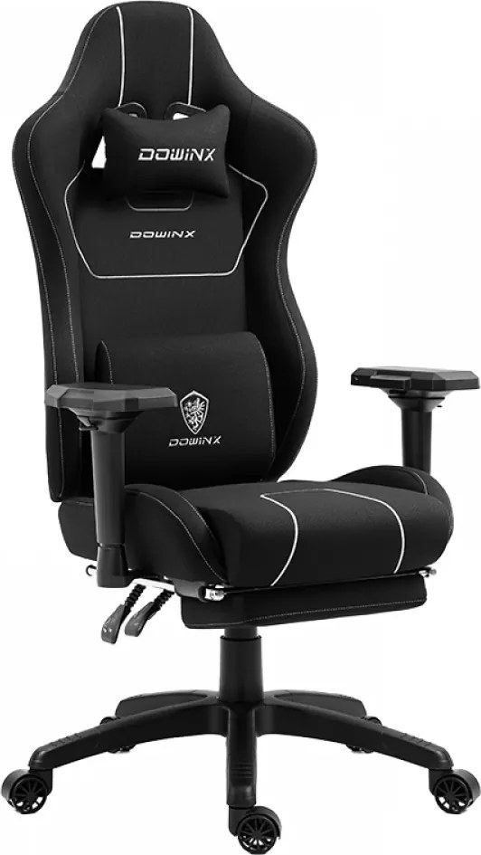 DOWINX 6657B - Scaun Gaming Ergonomic, Masaj in perna lombara, Șezut cu Arcuri Metalice și Spumă, Cotiere 4D, Suport pentru picioare, Rabatabil, Rezistent 136 kg, Material textil, Negru