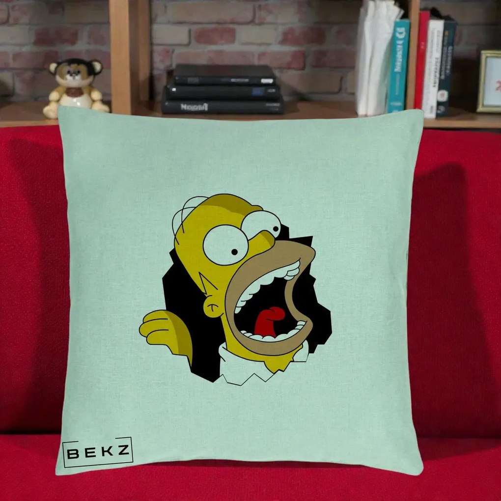 Perna Personalizata Homer Simpson Surpriza, 40x40 cm, Verde Menta, Husa Detasabila, Perna Inclusa, BEKZ®
