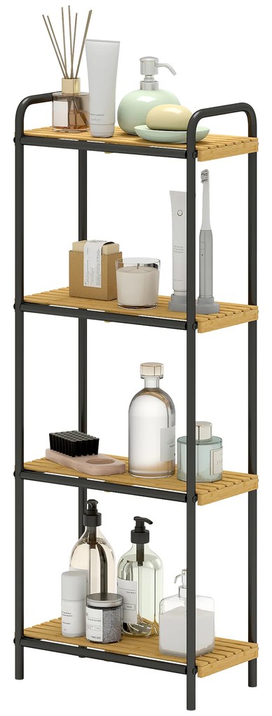 HOMCOM Etajeră baie etajeră de depozitare 4 niveluri îngustă autoportantă bambus 1,5 x 21,5 x 106 cm aspect lemn natural | Aosom Romania