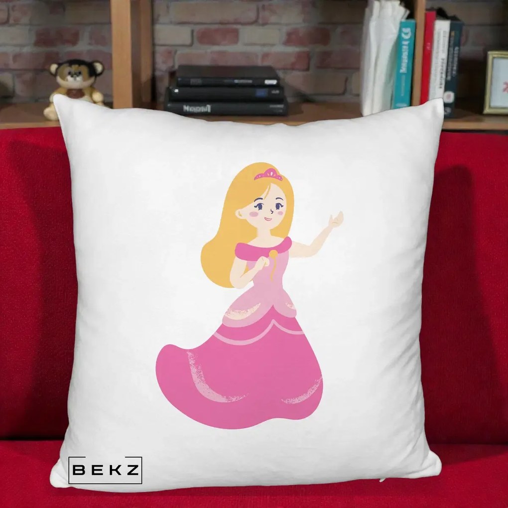 Perna Personalizata Printesa Roz cu Microfon, 40x40 cm, Alb Pufos, Husa Detasabila, Perna Inclusa, BEKZ®