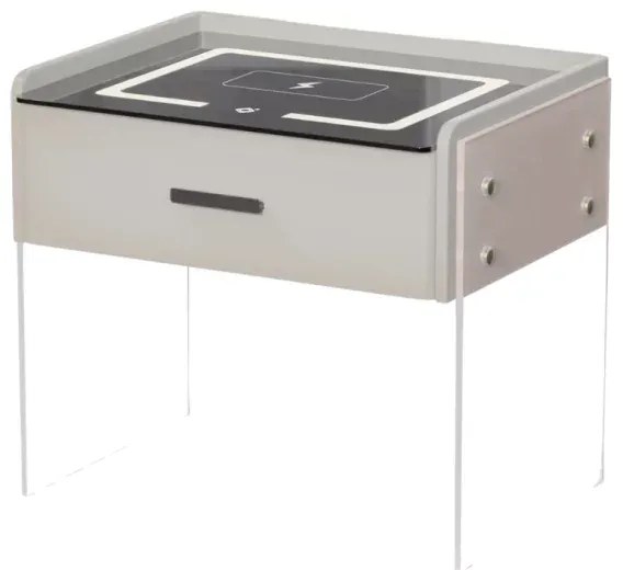 Noptiera inteligenta cu incarcare wireless, iluminare LED, 1 sertar de depozitare &ndash; alba, design modern din sticla si lemn