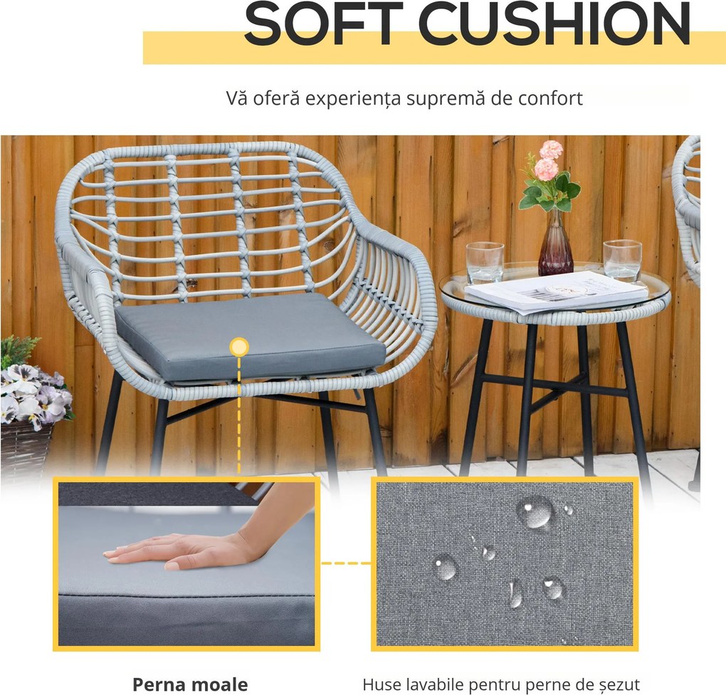 Outsunny Set Mobilier de Grădină din Ratan Gri 3 Piese Salon în Aer Liber cu 2 Scaune și Masă cu Blat de Sticlă pentru Terasă | Aosom Romania