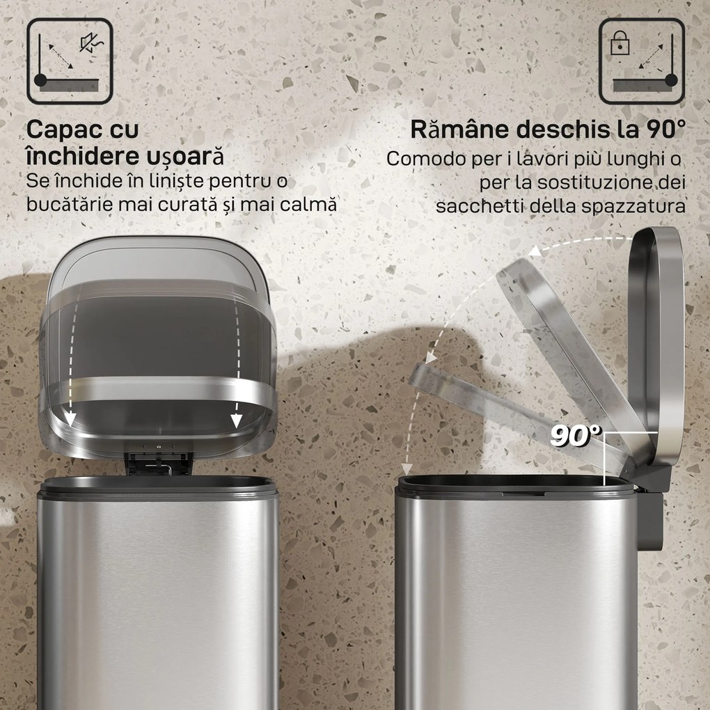 Coș de Gunoi HOMCOM de 30L cu Închidere Amortizată și Găleată Detașabilă, Pedală din Metal și PP, 29x36x59,5 cm, Argintiu | Aosom Romania