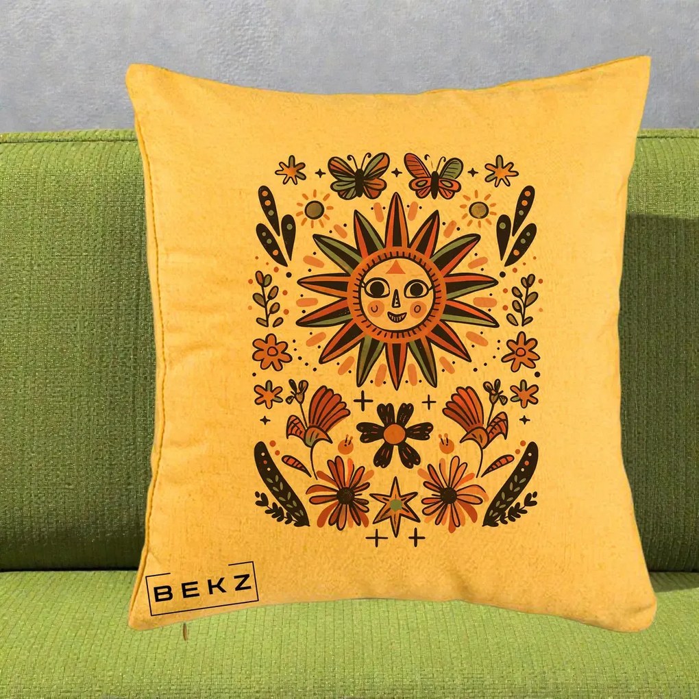 Perna Decorativa Soare Boho Folk Fluturi, 40x40 cm, Galben, Husa Detasabila, Perna Inclusa, BEKZ®