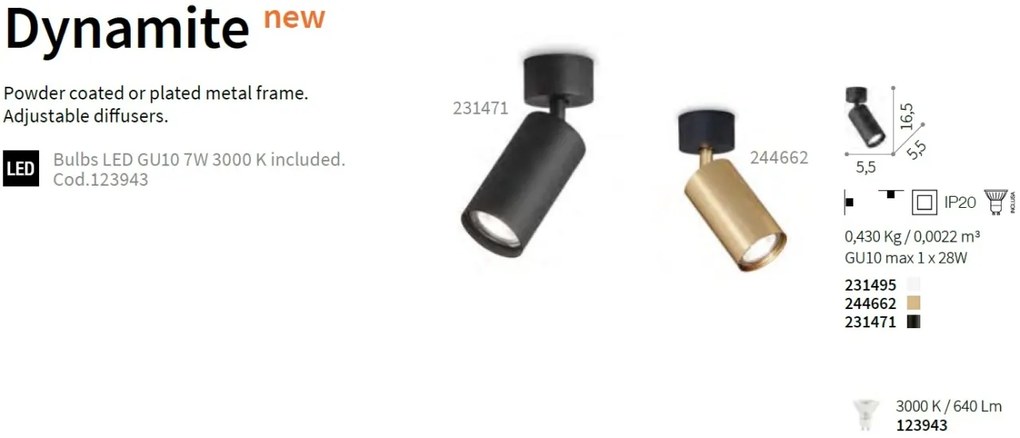 Spot aplicat directionabil DYNAMITE PL1 BIANCO 231495 IDL