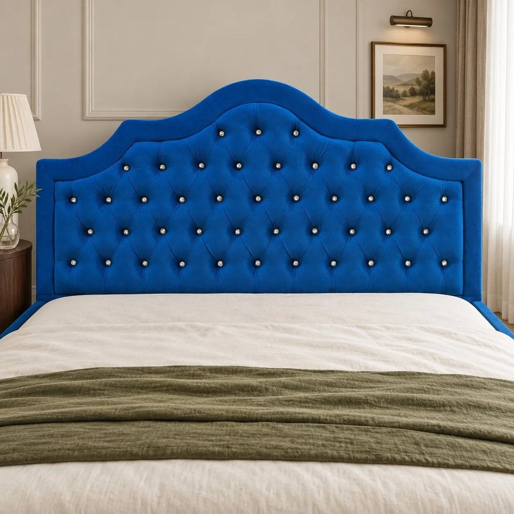 Pat tapițat Chesterfield din catifea Imperio Deluxe 160×200 cm, albastru, cu ladă de depozitare
