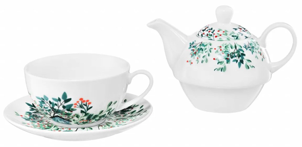 Set ceainic, ceasca si farfurie, 3 piese, Greenery