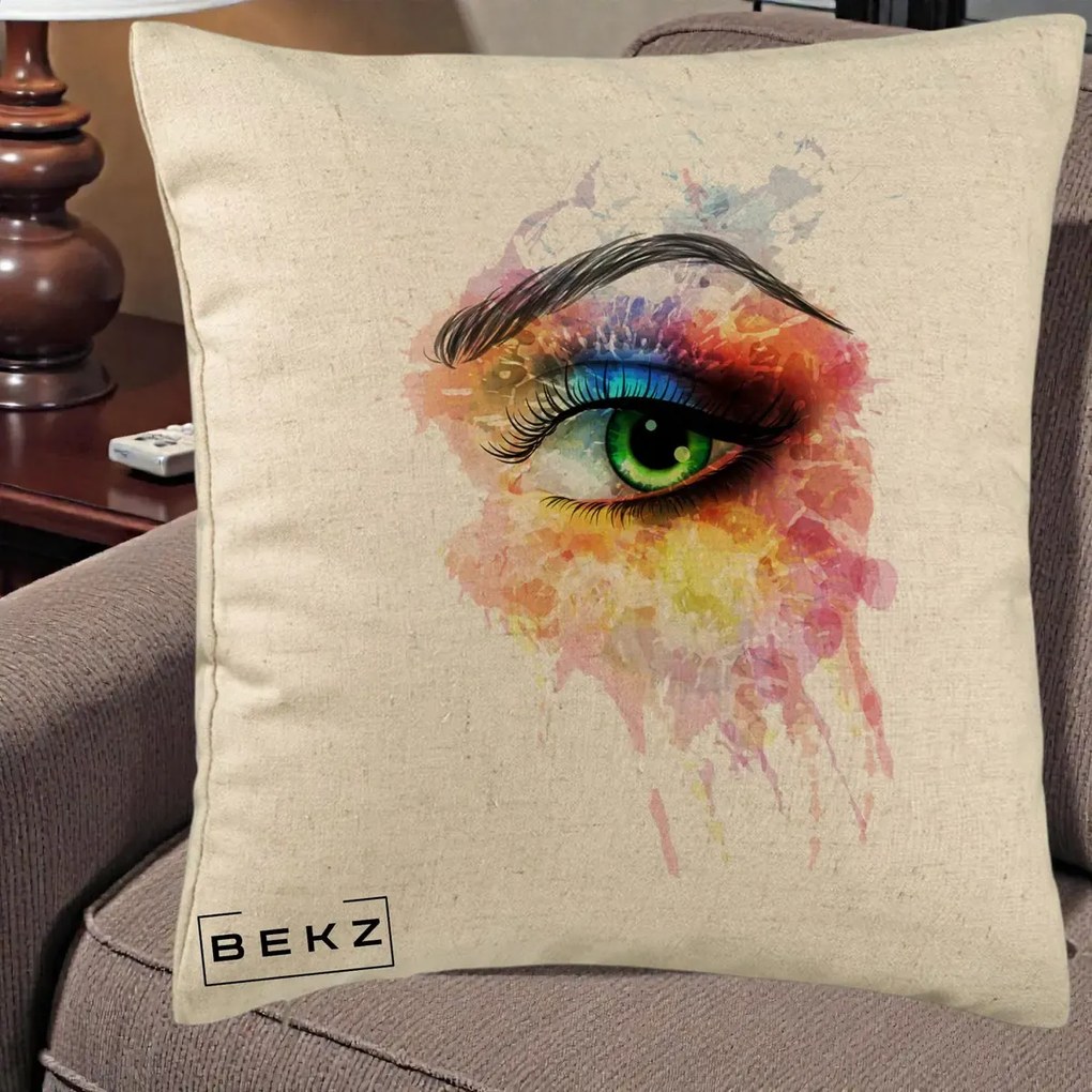 Perna Decorativa Ochi Verde Acuarela, 40x40 cm, Bej, Husa Detasabila, Perna Inclusa, BEKZ®