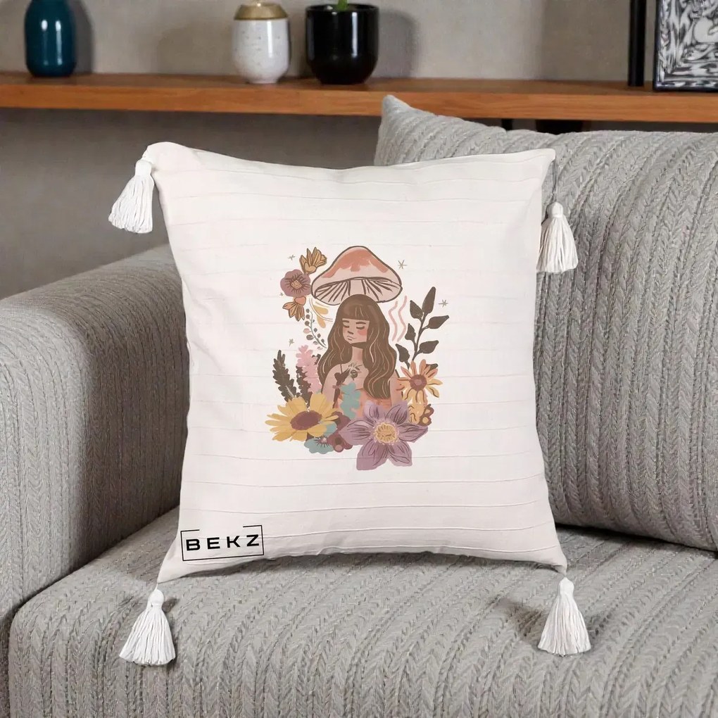 Perna Decorativa Fata Ciuperca Boho Florala, 40x40 cm, Bej cu Franjuri, Husa Detasabila, Perna Inclusa, BEKZ®