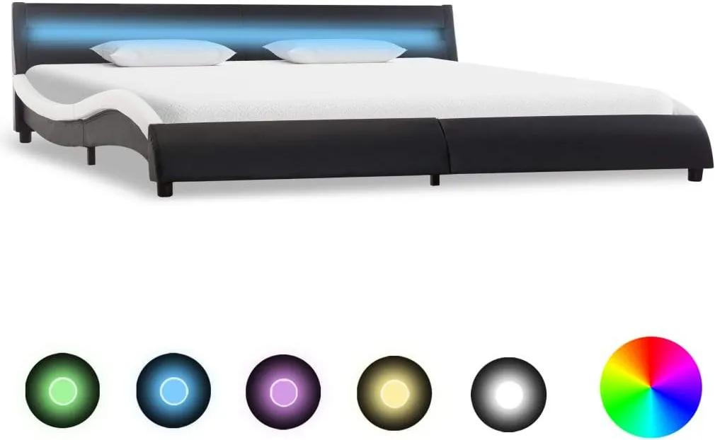 Cadru pat cu LED, negru si alb, 180 x 200 cm, piele ecologica