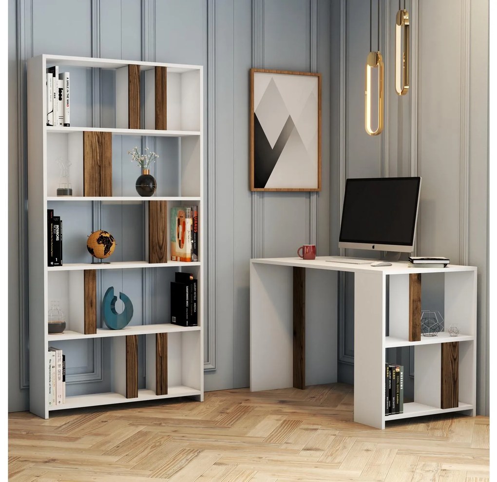 Masă PC cu raft Limba (Alb + lemn de nuc). 1088390