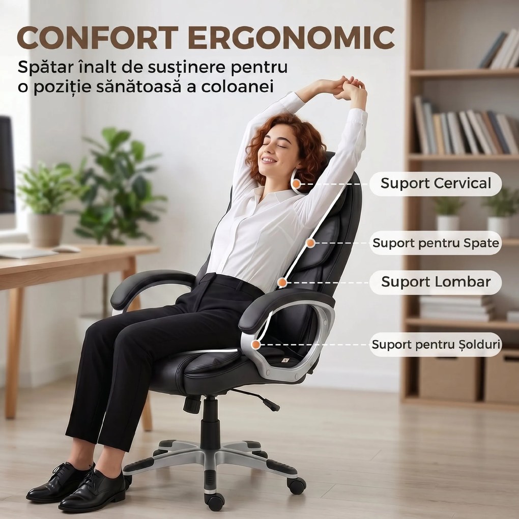 HOMCOM Scaun Birou Ergonomic Rotativ din Piele PU, Funcție Legănare, Înălțime Reglabilă, Capacitate 120kg, Negru | Aosom Romania