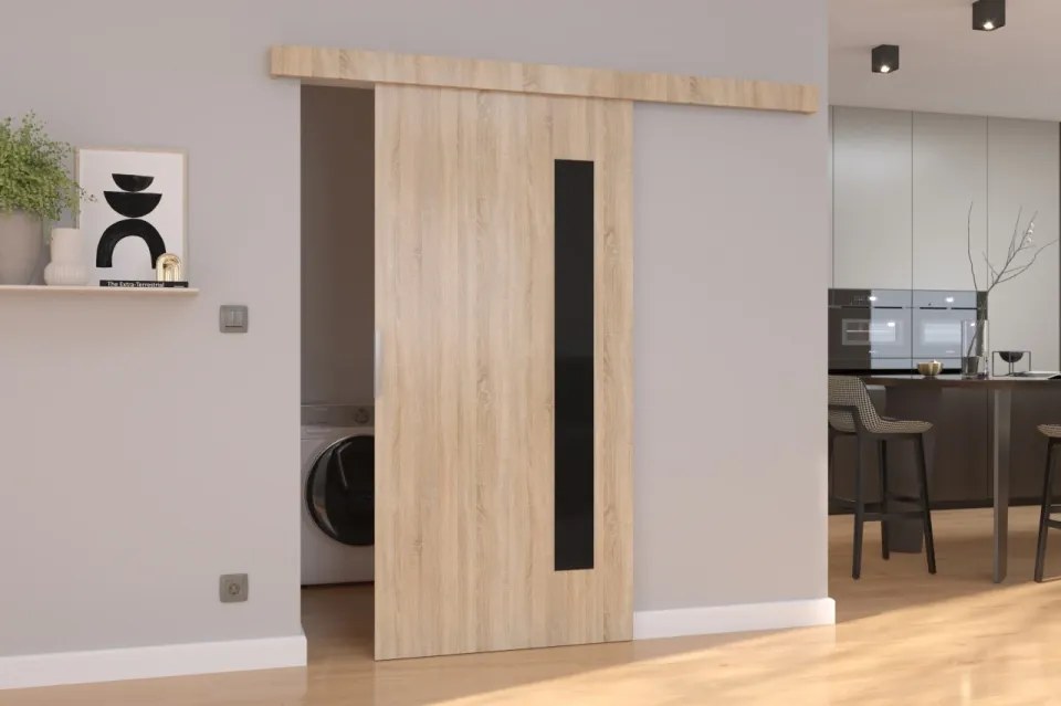 Usa glisanta Gela, ADRK Furniture (Latime: 106 cm, Culoare: Gri /Negru Lacobel)