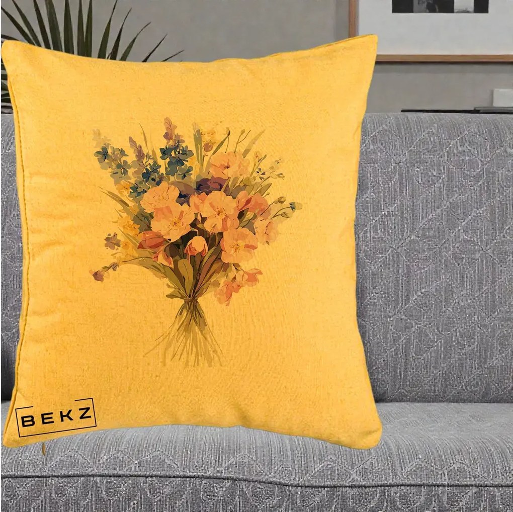 Perna Decorativa Buchet Floral Acuarela Primavara, 40x40 cm, Galben, Husa Detasabila, Perna Inclusa, BEKZ®