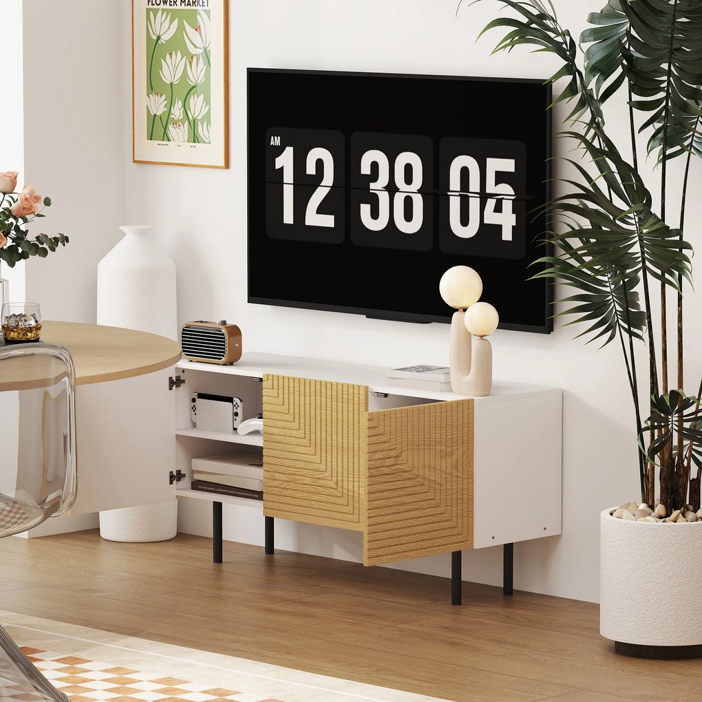 HOMCOM Mobila TV pentru de până la 65 de inch cu dulapuri cu ușă canelată și trecere cabluri pentru sufragerie, dormitor, efect lemn natural | Aosom Romania